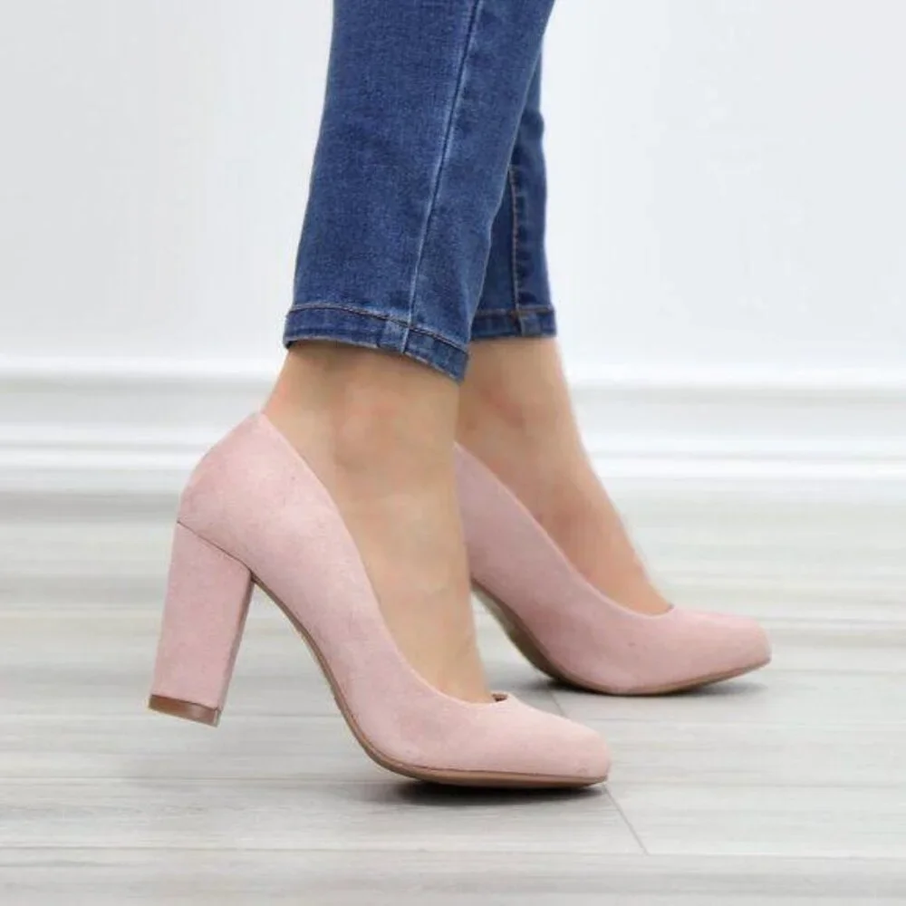 Rose Faux Suede Slip On Block High Heel Pumps - Picture 4 of 15